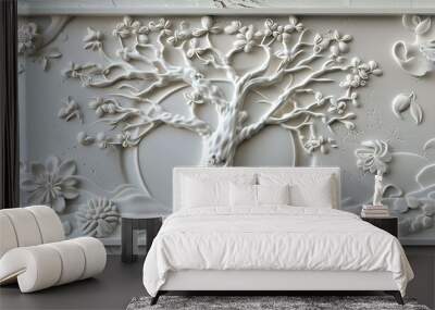 3D relief white tree wallpaper mural wall. AI generated illustration Wall mural